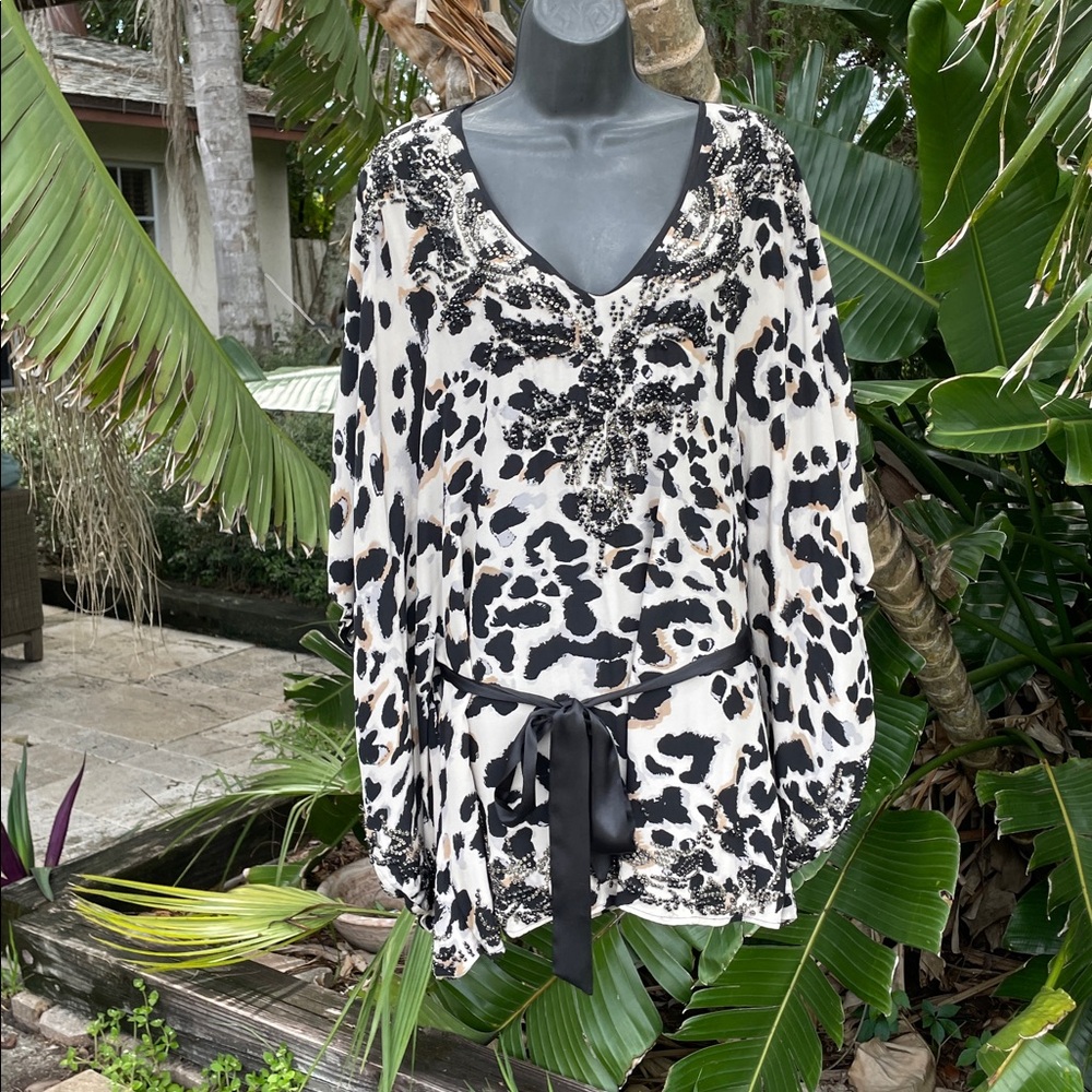 Sherri Bodell leopard print rhinestone beaded caftan